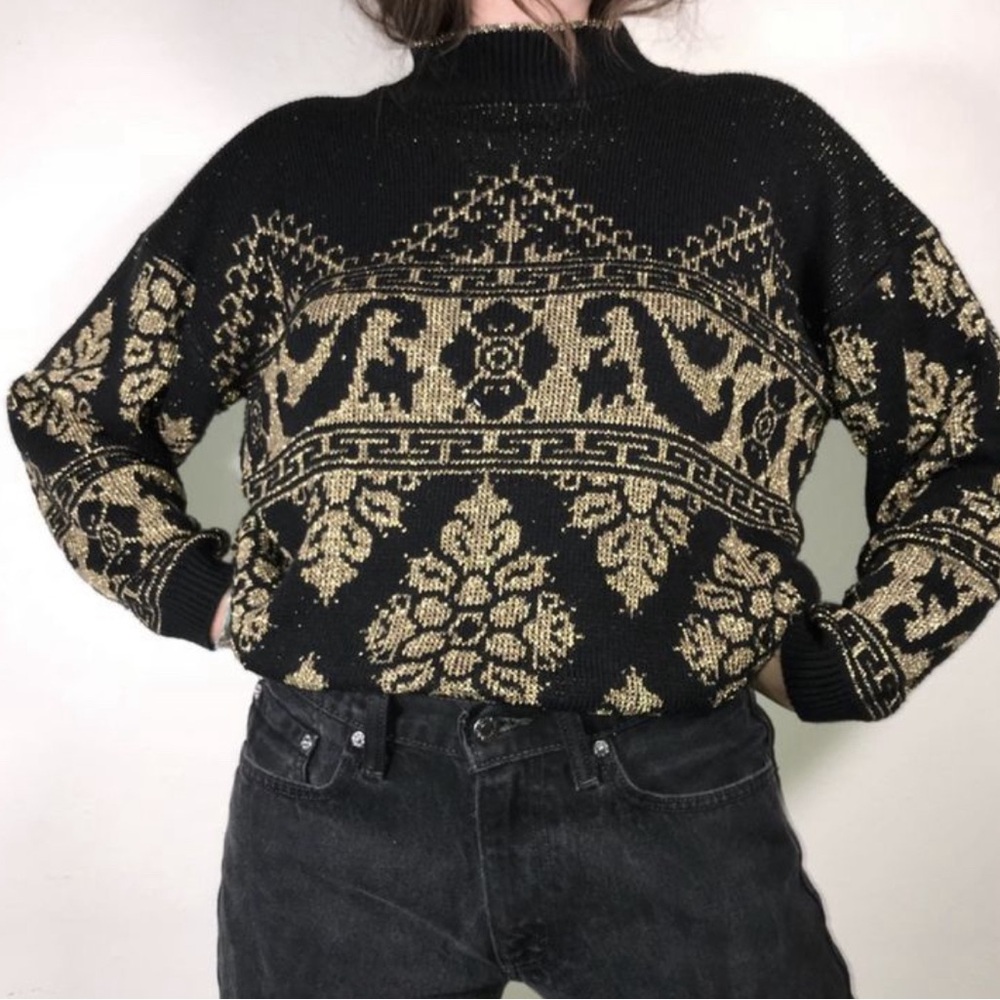 VINTAGE: sparkly, mock neck, sweater, ski, m, gold